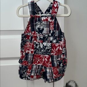 Patchwork Plaid and Hawaiian Print Red and Blue Floral Plaid Overalls Shortalls